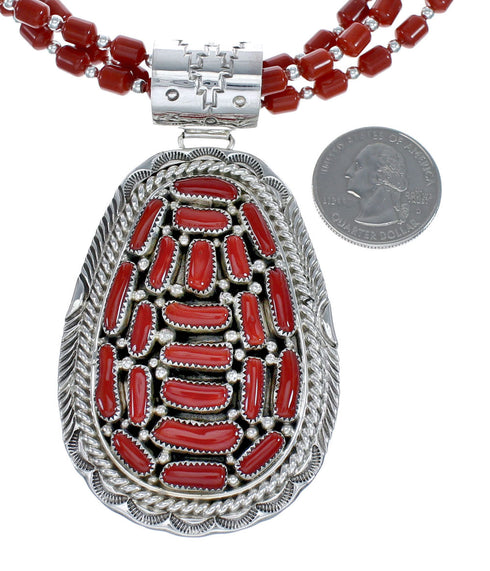 Native American 3 Strand Coral Multistone Silver Pendant Necklace Set AX127320