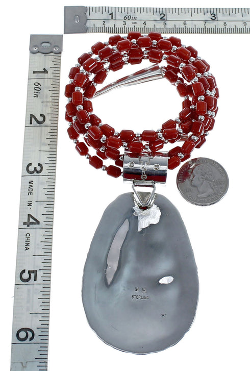Native American 3 Strand Coral Multistone Silver Pendant Necklace Set AX127320