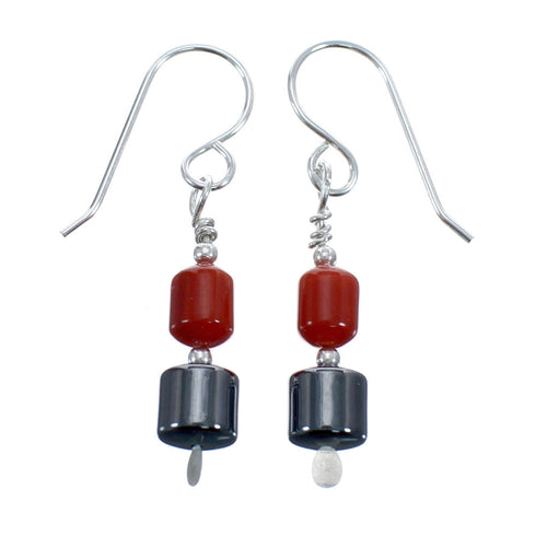 Coral Hematite Navajo Sterling Silver Bead Hook Dangle Earrings AX127338
