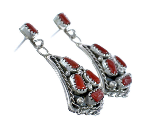 Native American Coral Sterling Silver Post Dangle Earrings JX127316