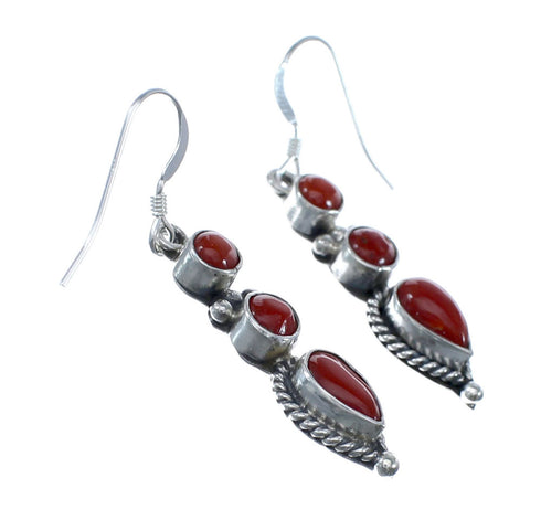Native American Coral Sterling Silver Hook Dangle Earrings JX127315