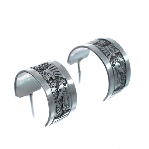 Native American Authentic Sterling Silver Story Teller Post Hoop Earrings JX127321