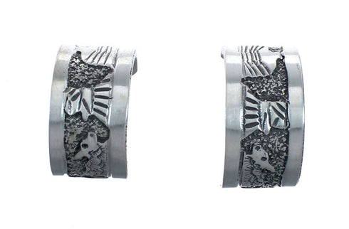 Native American Authentic Sterling Silver Story Teller Post Hoop Earrings JX127321