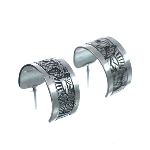 Native American Authentic Sterling Silver Story Teller Post Hoop Earrings JX127323