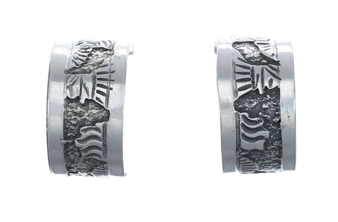 Native American Authentic Sterling Silver Story Teller Post Hoop Earrings JX127324