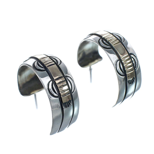 Genuine Sterling Silver And 14KG Navajo Post Hoop Earrings JX127309