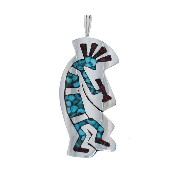 Turquoise And Coral Inlay Navajo Kokopelli Sterling Silver Pendant AX127411