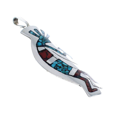 Turquoise And Coral Inlay Navajo Kokopelli Sterling Silver Pendant AX127413