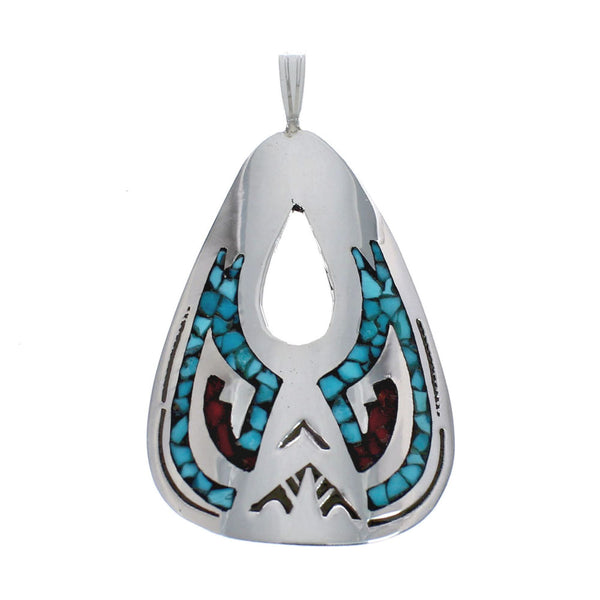 Turquoise and Coral Inlay Genuine Sterling Silver Navajo Pendant AX127417
