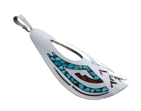 Turquoise and Coral Inlay Genuine Sterling Silver Navajo Pendant AX127417