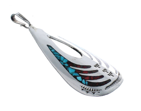 Turquoise and Coral Inlay Genuine Sterling Silver Navajo Pendant AX127421