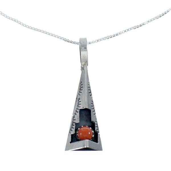 Navajo Sterling Silver Coral 16" Box Chain Pendant Necklace Set AX127461
