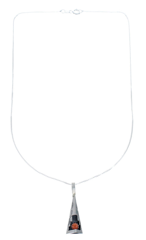 Navajo Sterling Silver Coral 16" Box Chain Pendant Necklace Set AX127461