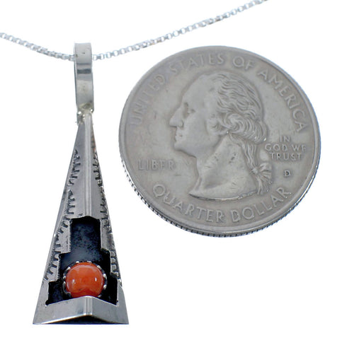 Navajo Sterling Silver Coral 16" Box Chain Pendant Necklace Set AX127461