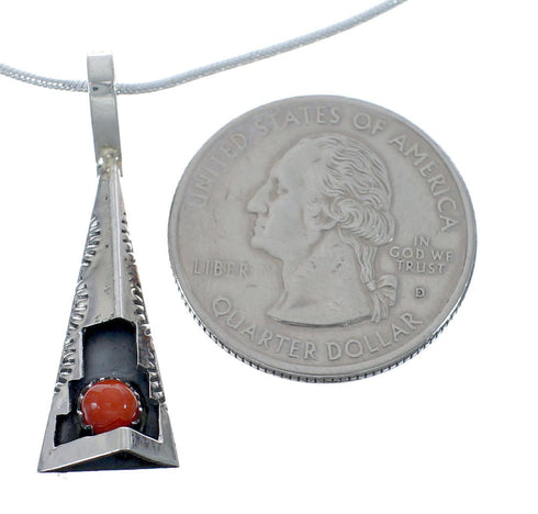 Navajo Sterling Silver Coral 18-1/8" Italian Snake Chain Pendant Necklace Set AX127464