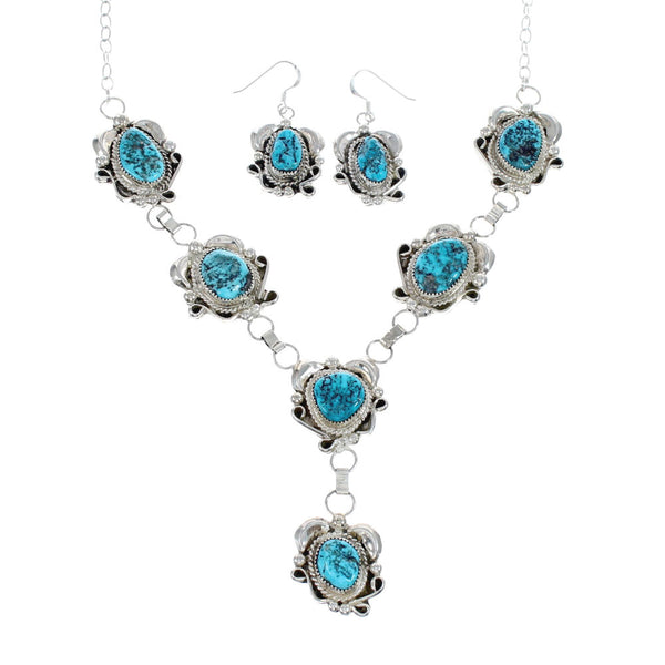 Turquoise Genuine Sterling Silver Navajo Link Necklace And Earrings Set AX127535