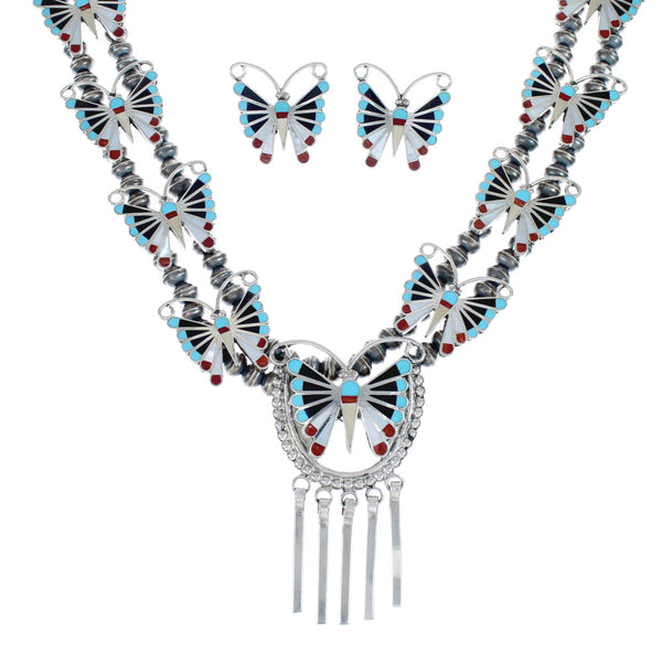 Zuni Sterling Silver Multicolor Butterfly Necklacke And Earrings Set AX127537