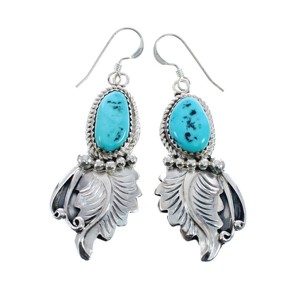 Navajo Sterling Silver Turquoise Leaf Hook Dangle Earrings AX127616