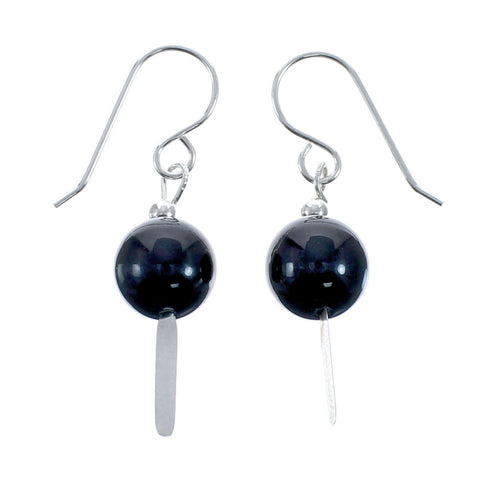 Navajo Sterling Silver Onyx Bead Hook Dangle Earrings AX127599