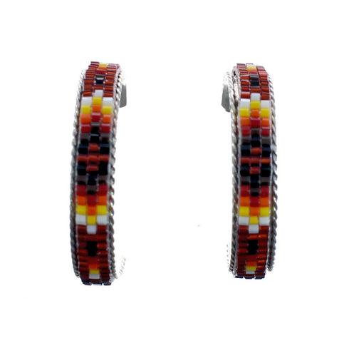 Sterling Silver Multicolor Beaded Navajo Post Hoop Earrings AX127621