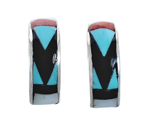 Multicolor Inlay Zuni Indian Sterling Silver Post Hoop Earrings AX127587