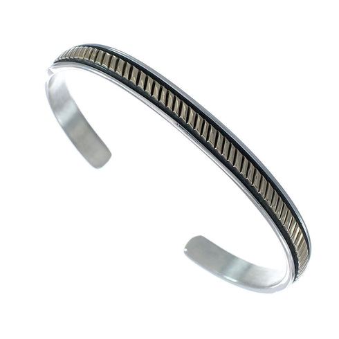 Navajo Authentic Sterling Silver 14 Karat Gold Cuff Bracelet AX127690