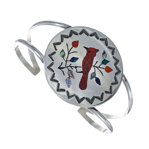 Multicolor Inlay Genuine Sterling Silver Navajo Bird Cuff Bracelet AX127691