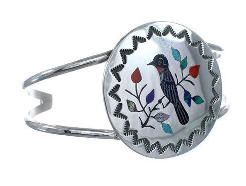 Multicolor Inlay Genuine Sterling Silver Navajo Bird Cuff Bracelet AX127692