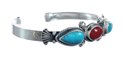 Navajo Turquoise And Coral Genuine Sterling Silver Cuff Bracelet AX127679