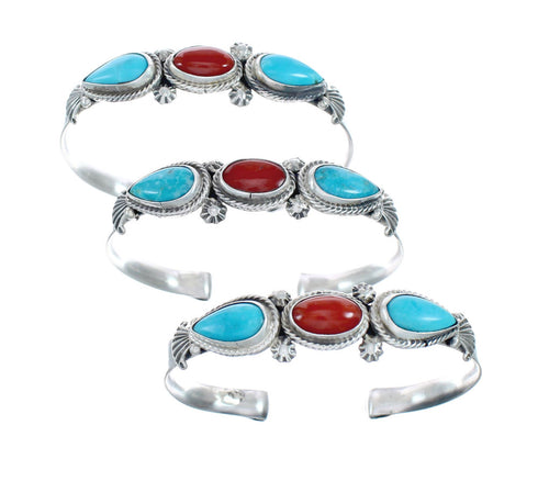 Navajo Turquoise And Coral Genuine Sterling Silver Cuff Bracelet AX127679
