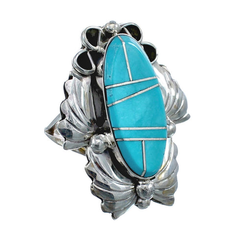Genuine Sterling Silver Navajo Turquoise Inlay Leaf Ring Size 8 AX127711