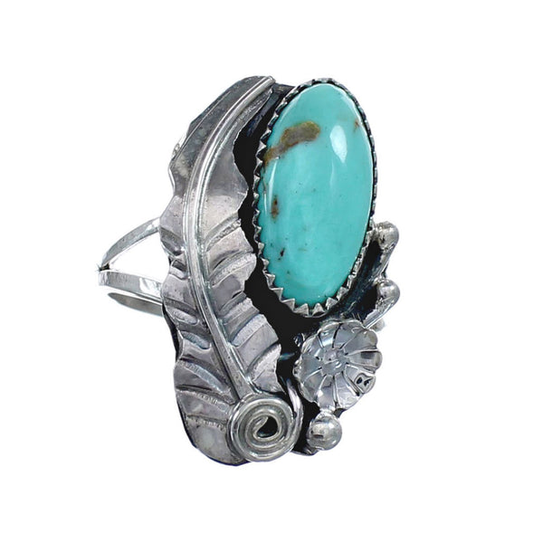Flower Scalloped Leaf Turquoise Genuine Sterling Silver Navajo Ring Size 6-1/4 AX127697