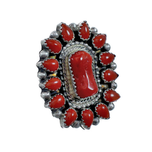 Native American Navajo Genuine Sterling Silver Coral Ring Size 7-1/4 AX127832