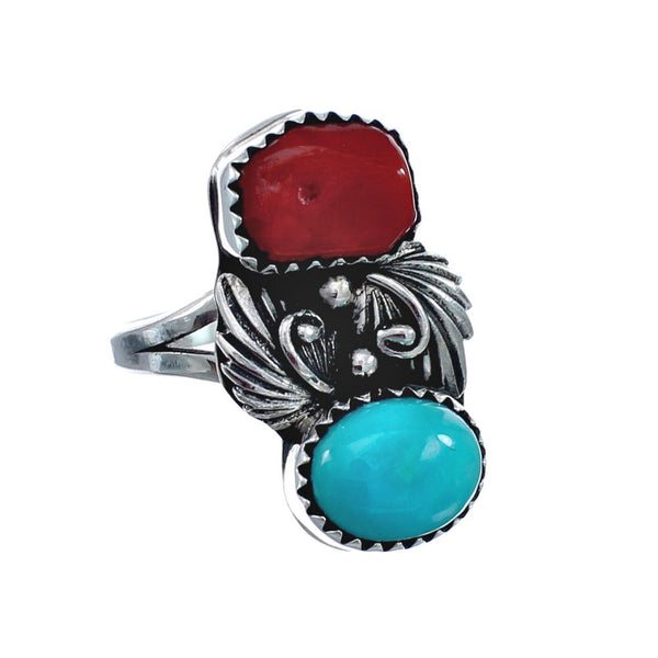 Authentic Sterling Silver Navajo Turquoise Coral Leaf Design Ring Size 7-1/4 AX127782