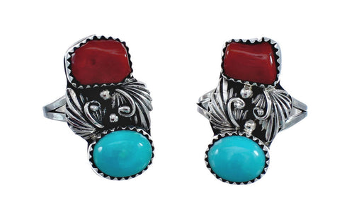 Authentic Sterling Silver Navajo Turquoise Coral Leaf Design Ring Size 7-1/4 AX127782