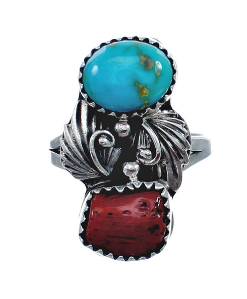 Authentic Sterling Silver Navajo Turquoise Coral Leaf Design Ring Size 7-1/2 AX127783