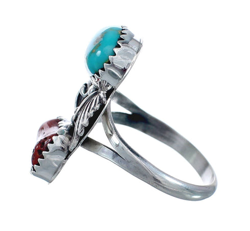 Authentic Sterling Silver Navajo Turquoise Coral Leaf Design Ring Size 7-1/2 AX127783