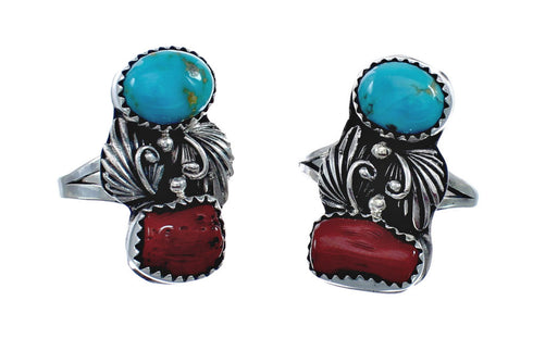 Authentic Sterling Silver Navajo Turquoise Coral Leaf Design Ring Size 7-1/2 AX127783