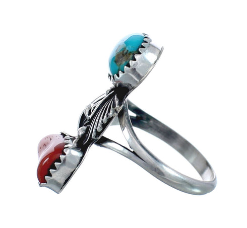 Authentic Sterling Silver Navajo Turquoise Coral Leaf Design Ring Size 8 AX127788