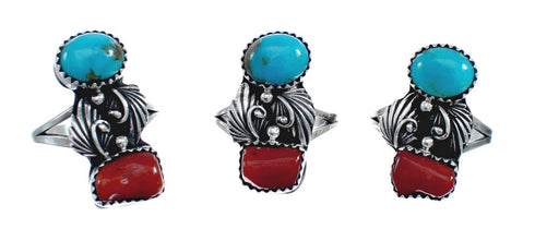 Authentic Sterling Silver Navajo Turquoise Coral Leaf Design Ring Size 7-3/4 AX127785