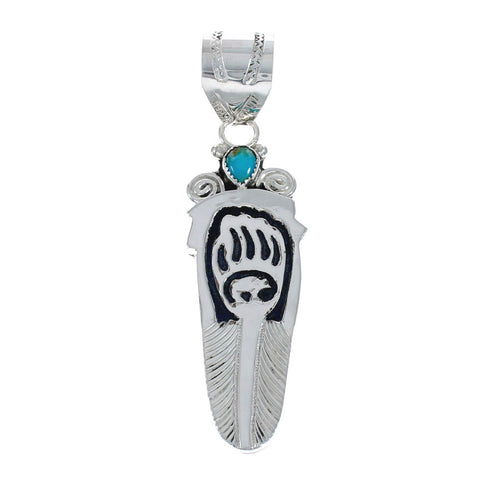 Navajo Turquoise Genuine Sterling Silver Feather And Bear Paw Pendant AX127943