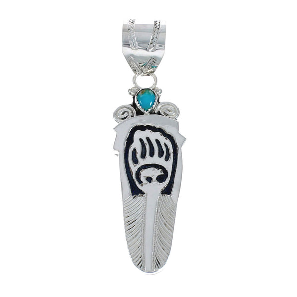 Navajo Turquoise Genuine Sterling Silver Feather And Bear Paw Pendant AX127943