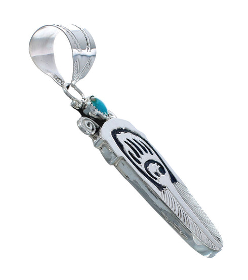 Navajo Turquoise Genuine Sterling Silver Feather And Bear Paw Pendant AX127943