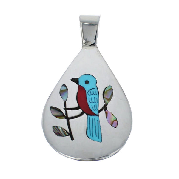 Multicolor Inlay Blue Jay Genuine Sterling Silver Zuni Pendant AX127954