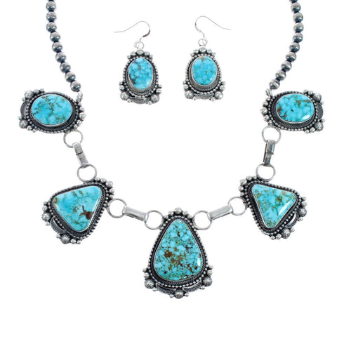 Turquoise Navajo Sterling Silver Link Necklace Earrings Jewelry Set AX127975