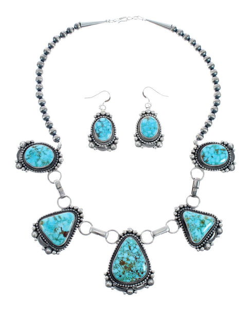 Turquoise Navajo Sterling Silver Link Necklace Earrings Jewelry Set AX127975