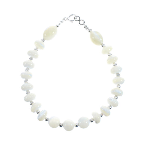 Native American Genuine Sterling Silver Mother of Pearl Bead Bracelet AX128012