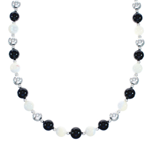 Onyx And Mother of Pearl Navajo Sterling Silver Bead Necklace AX128007