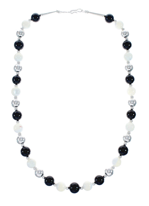 Onyx And Mother of Pearl Navajo Sterling Silver Bead Necklace AX128007