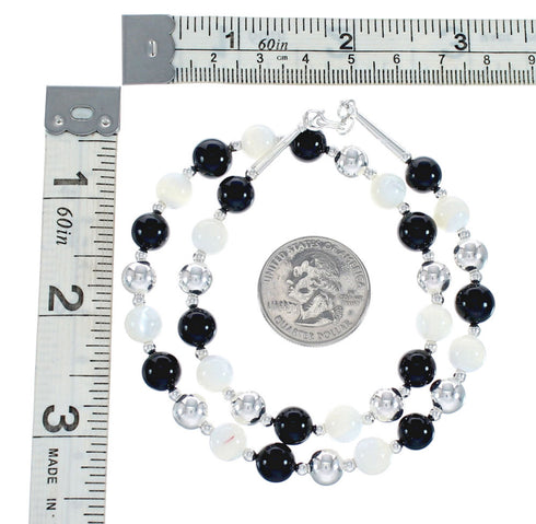 Onyx And Mother of Pearl Navajo Sterling Silver Bead Necklace AX128007
